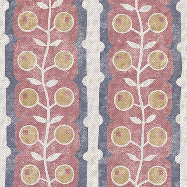 Dusty rose botanical stripes with cream stems, ochre circles and slate-blue edging