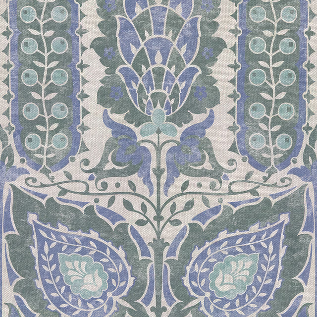 Muted emerald botanical fabric with blue lotus motifs and ivory scrolling detail