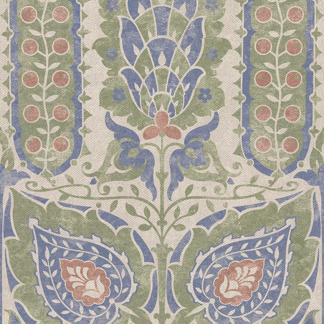 Muted sage woven-look ground with blue floral medallion and terracotta accents