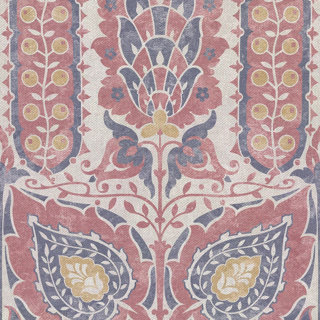 Dusty rose and slate blue textile with olive botanical medallions and scrolling vines