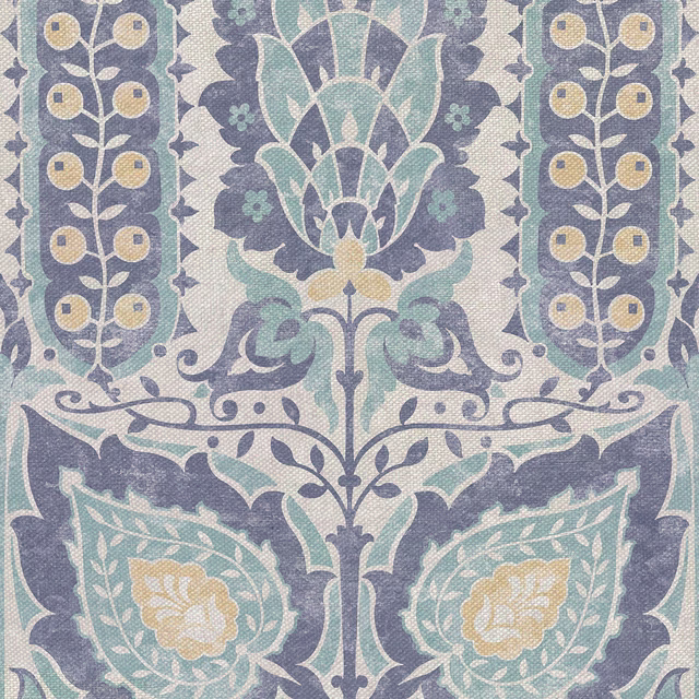Muted Turkish-blue botanical fabric with aqua leaves, ochre flowers and woven texture