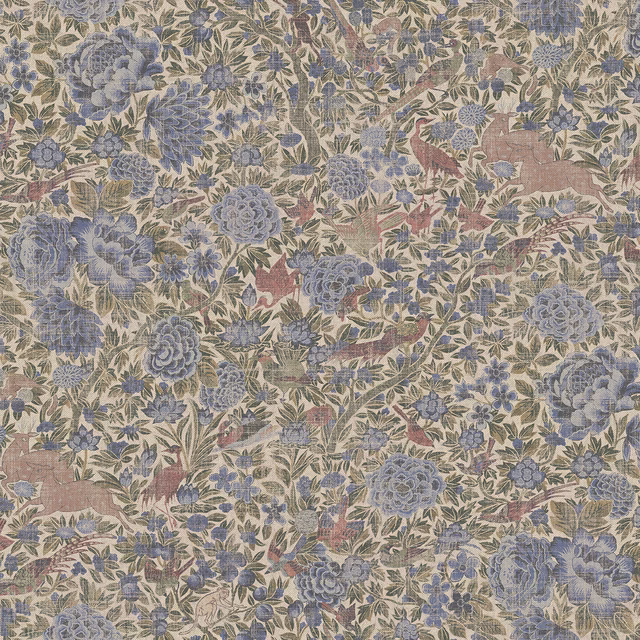 Muted blue floral vines with dusty rose blooms and olive leaves on a warm textured ground