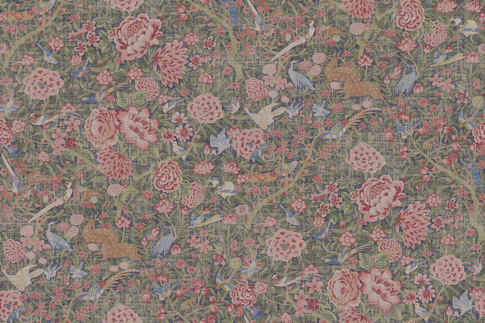 Muted navy-blue scenic textile with pink flowers, foliage, birds and woodland animals