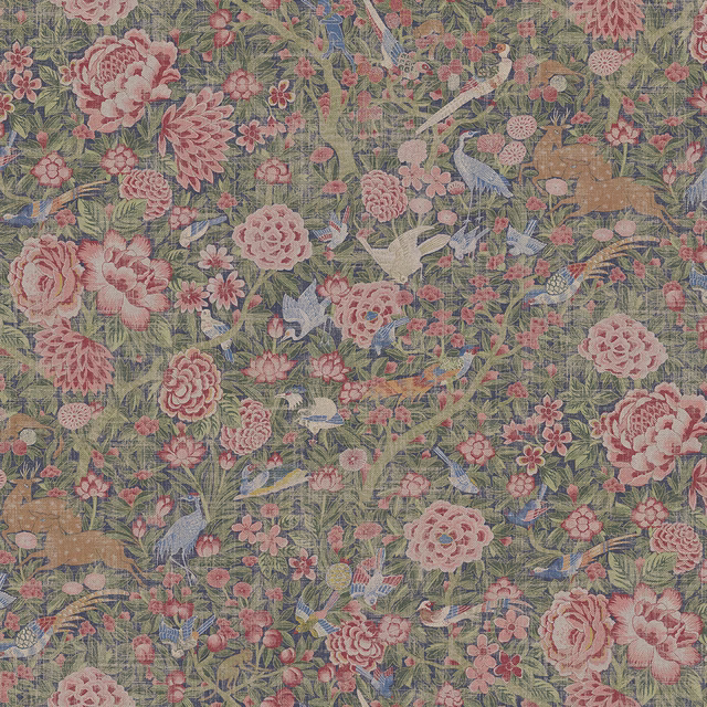 Muted navy-blue scenic textile with pink flowers, foliage, birds and woodland animals