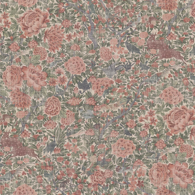 Muted peach roses and sage foliage woven into a softly textured floral ground