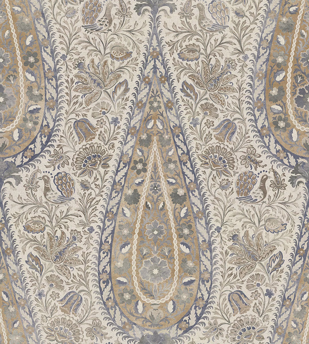 Aged blue-grey, taupe and cream textile with mirrored paisley, birds and florals