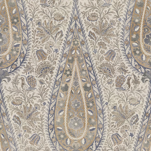 Aged blue-grey, taupe and cream textile with mirrored paisley, birds and florals