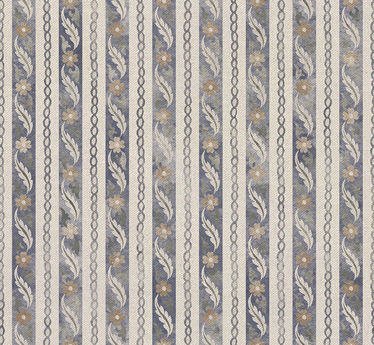 Blue-grey vertical stripes with barley florals and scrolling leaves on a textured ground