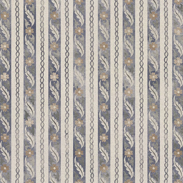 Blue-grey vertical stripes with barley florals and scrolling leaves on a textured ground