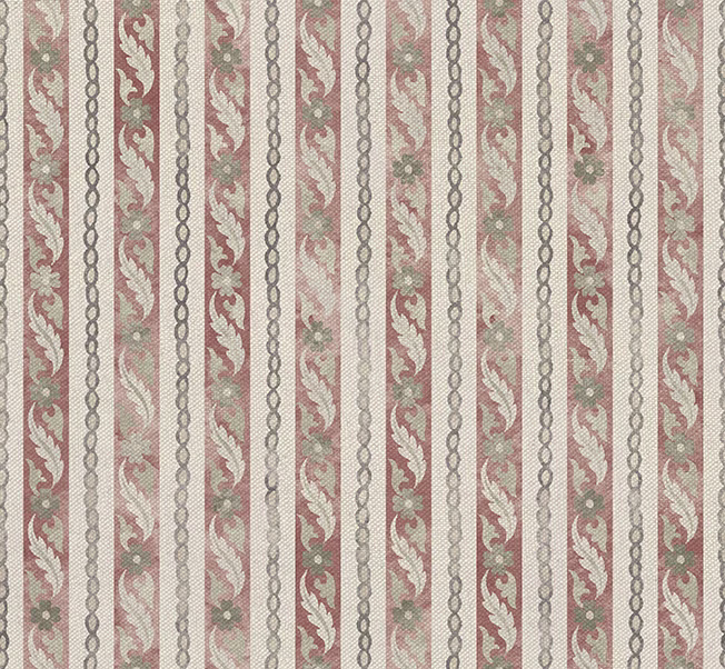 Muted Indian red and barley vertical stripes with sage floral scrolls