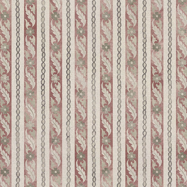 Muted Indian red and barley vertical stripes with sage floral scrolls