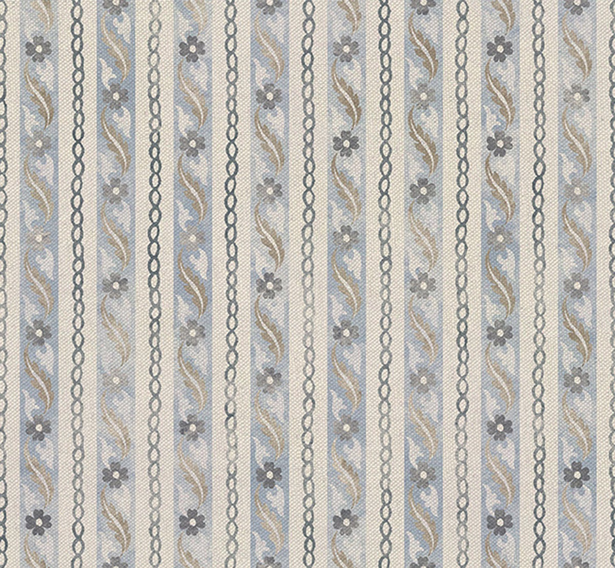 Muted peacock-blue vertical stripes with barley scrolls and tiny dark floral motifs
