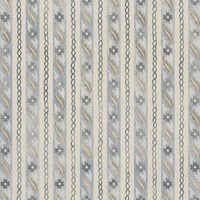 Muted peacock-blue vertical stripes with barley scrolls and tiny dark floral motifs
