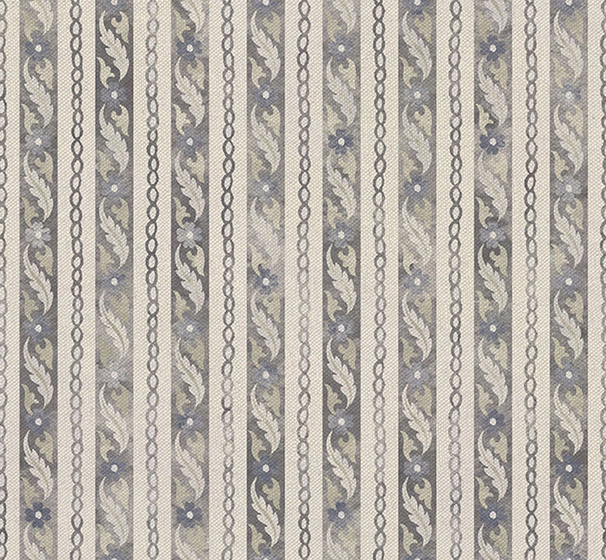 Cool steel-grey fabric with barley leafy stripes, linked motifs and soft woven texture