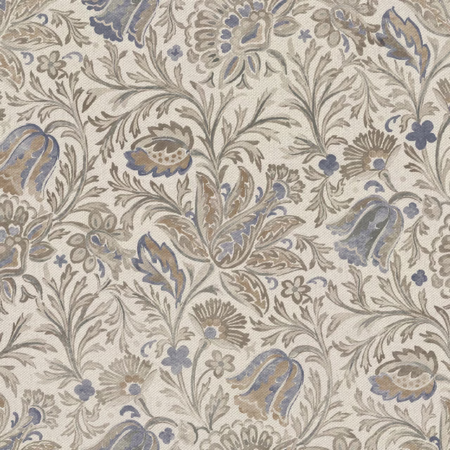 Warm beige floral paisley fabric with muted blue motifs and fine taupe linework