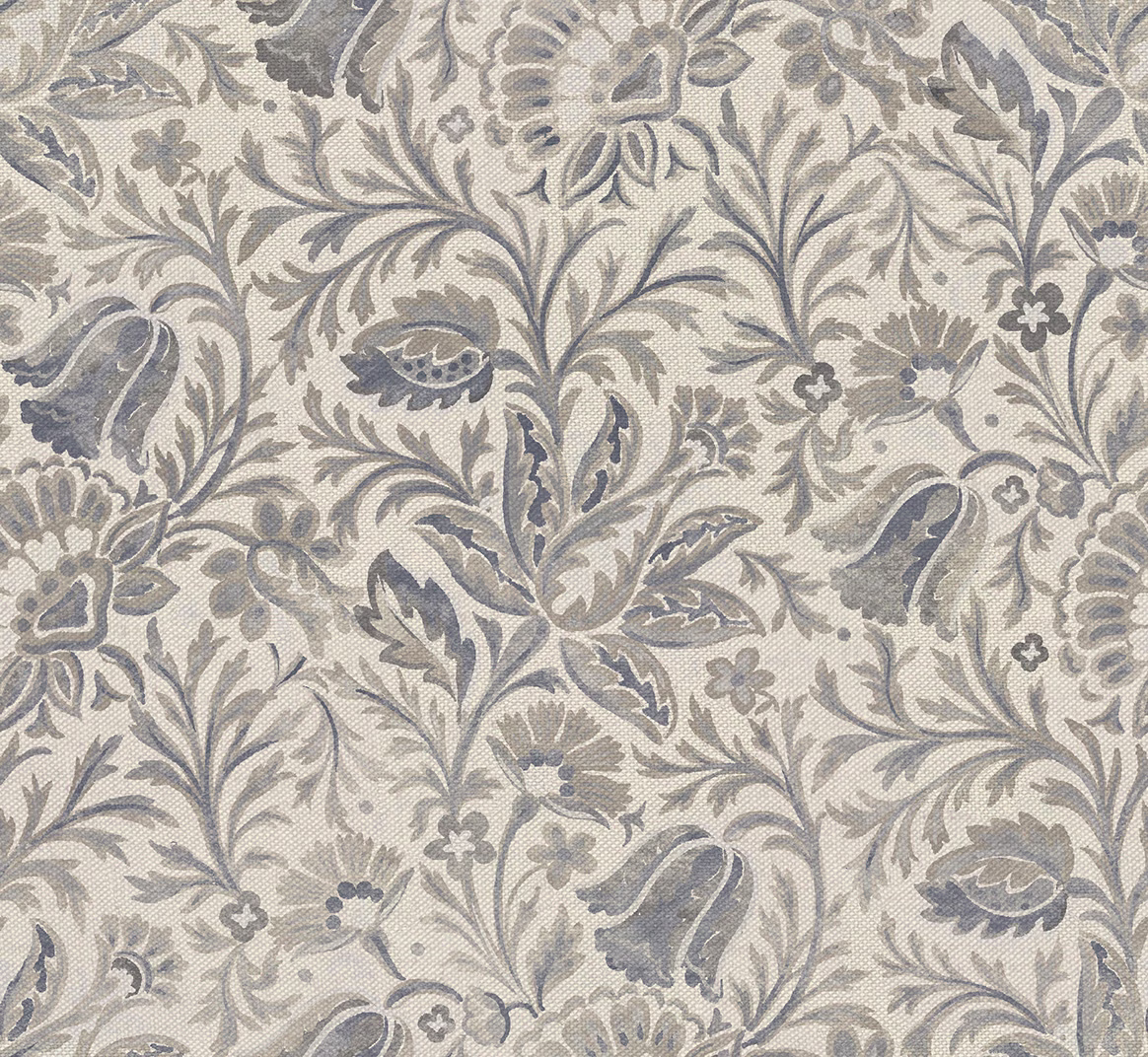 Steel-grey scrolling floral leaves and flowers on an ivory woven fabric ground