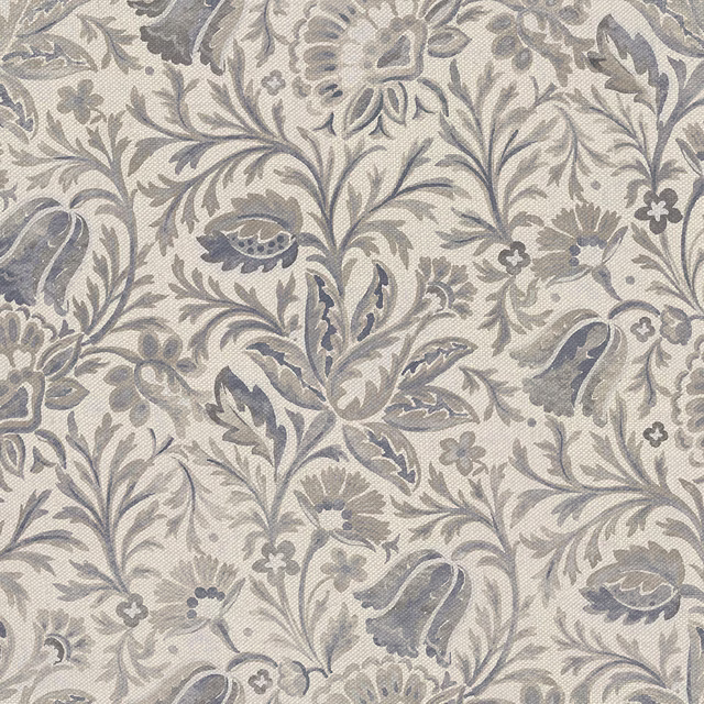 Steel-grey scrolling floral leaves and flowers on an ivory woven fabric ground