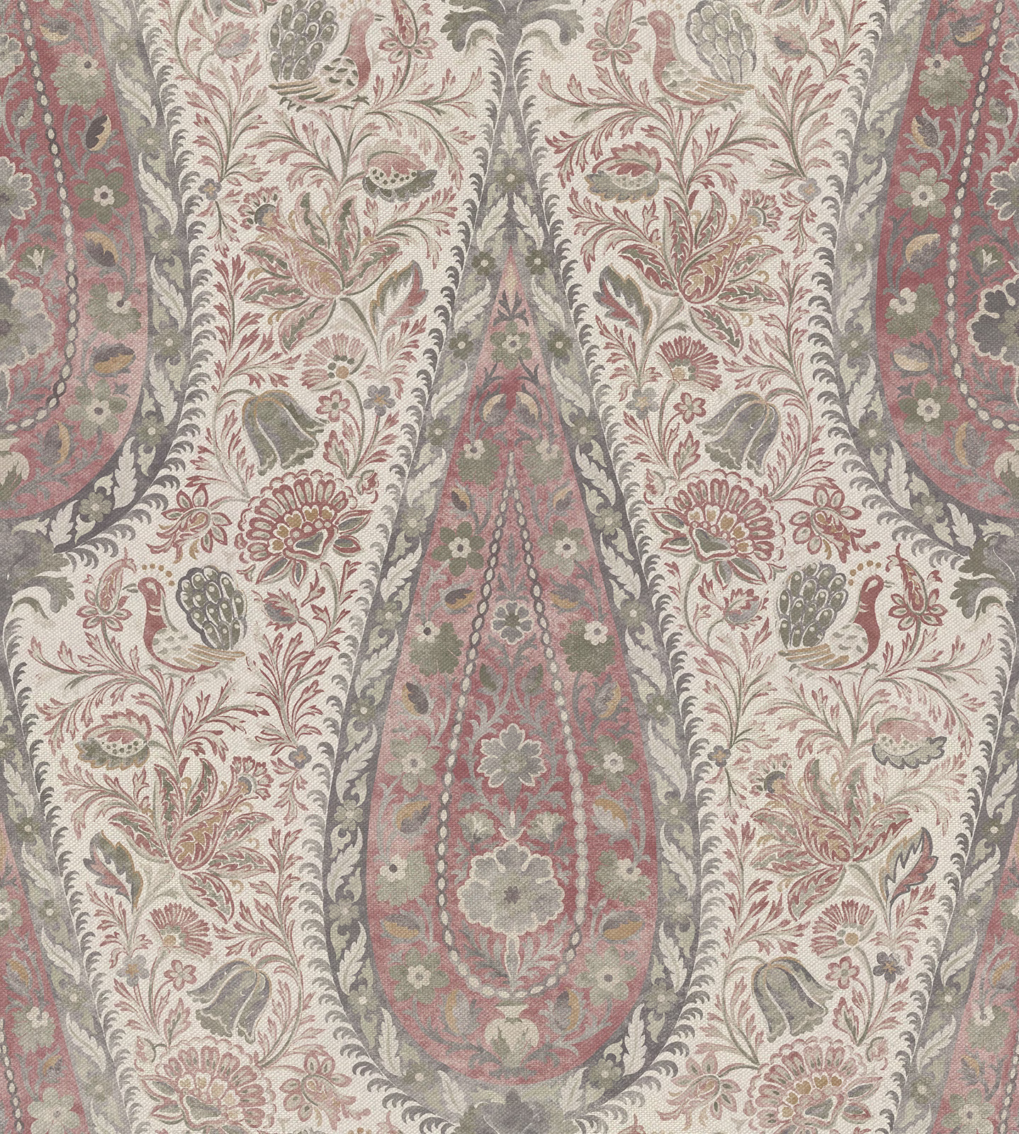 Muted Indian red paisley with cream panels, grey foliage and olive accents