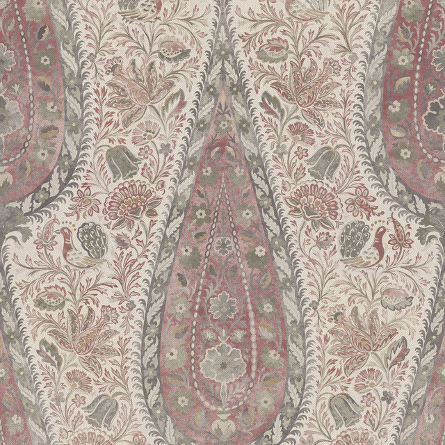 Muted Indian red paisley with cream panels, grey foliage and olive accents