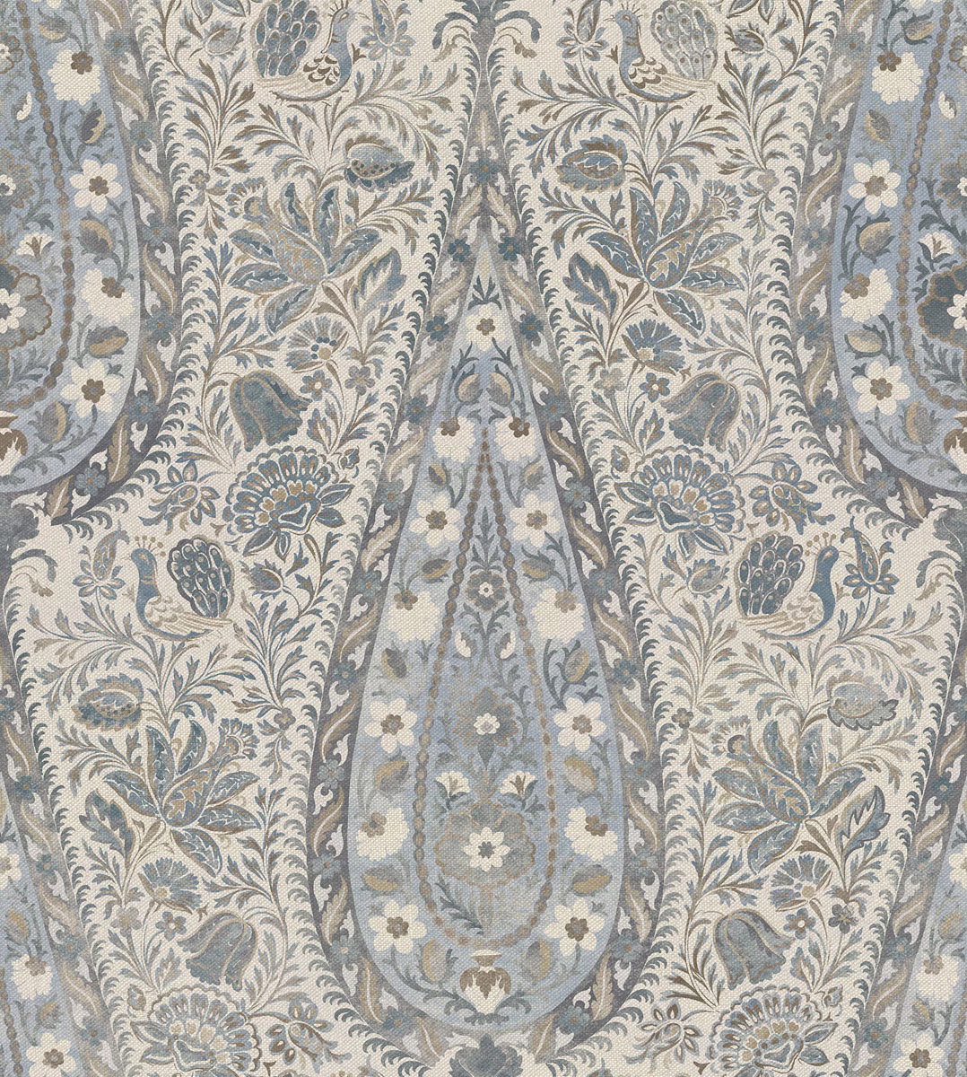 Muted peacock blue linen with cream flowers, scrolling leaves and symmetrical botanical motifs
