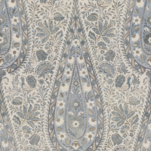 Muted peacock blue linen with cream flowers, scrolling leaves and symmetrical botanical motifs