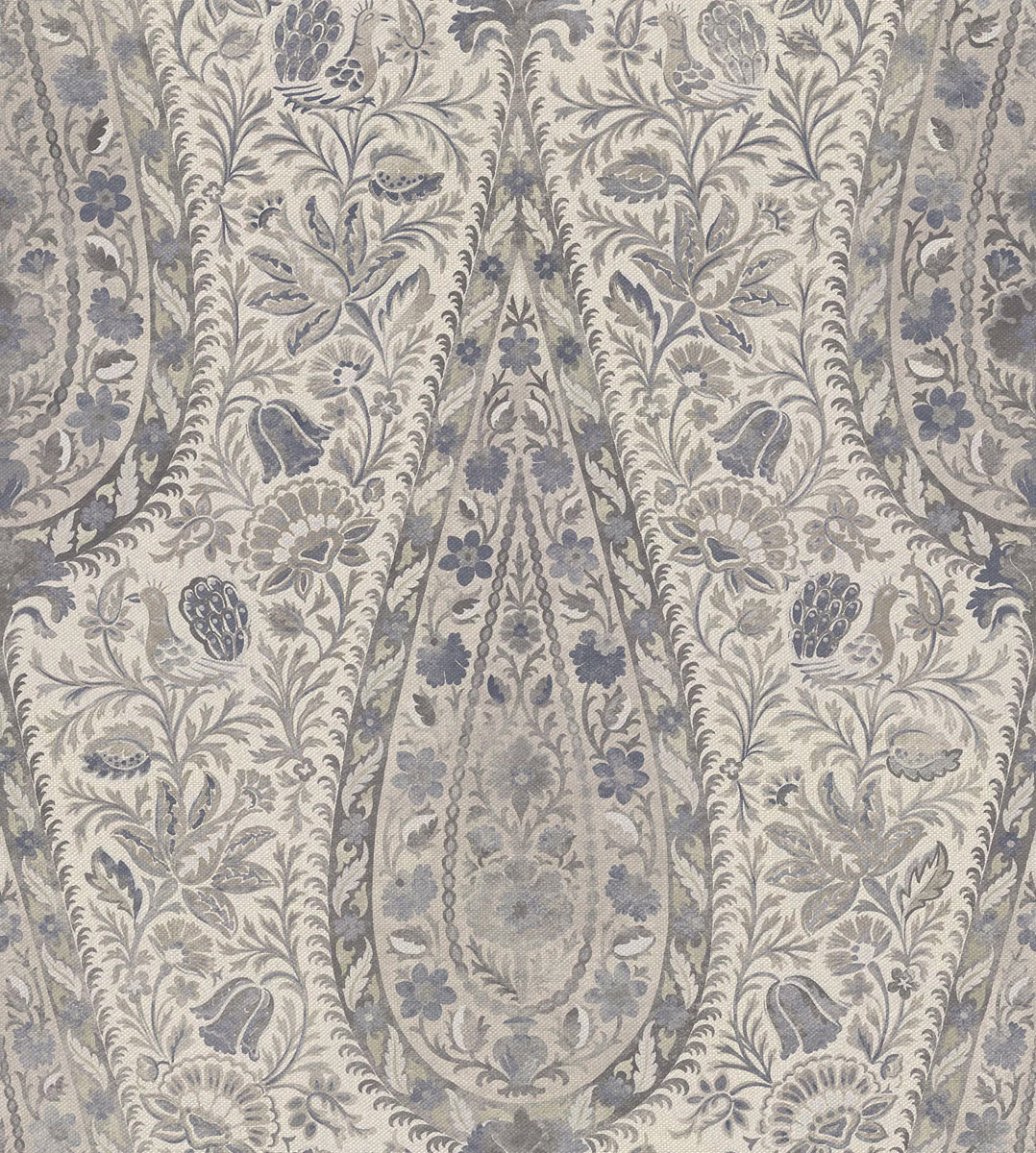 Steel-grey floral paisley fabric with a large symmetrical medallion on a pale ground