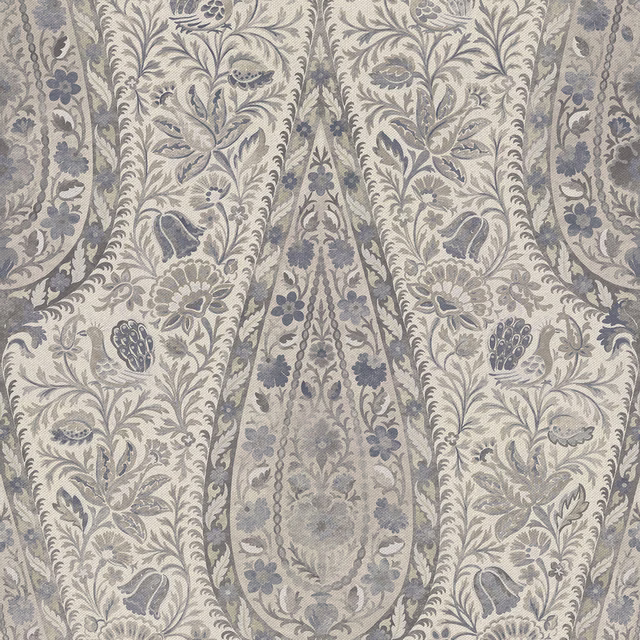 Steel-grey floral paisley fabric with a large symmetrical medallion on a pale ground