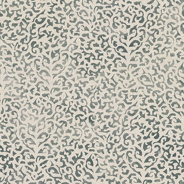Pale fossil-beige fabric with dense muted sage scrolling motifs and fine woven texture