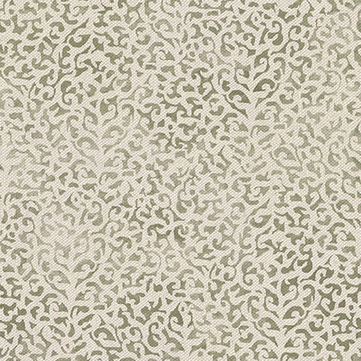 Ivory fabric with dense muted olive scrolls and a fine woven texture