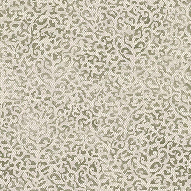 Ivory fabric with dense muted olive scrolls and a fine woven texture