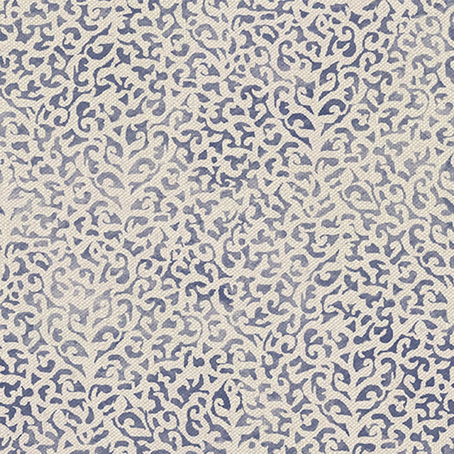 Muted Prussian-blue scrolling motifs woven across a warm ivory fabric ground