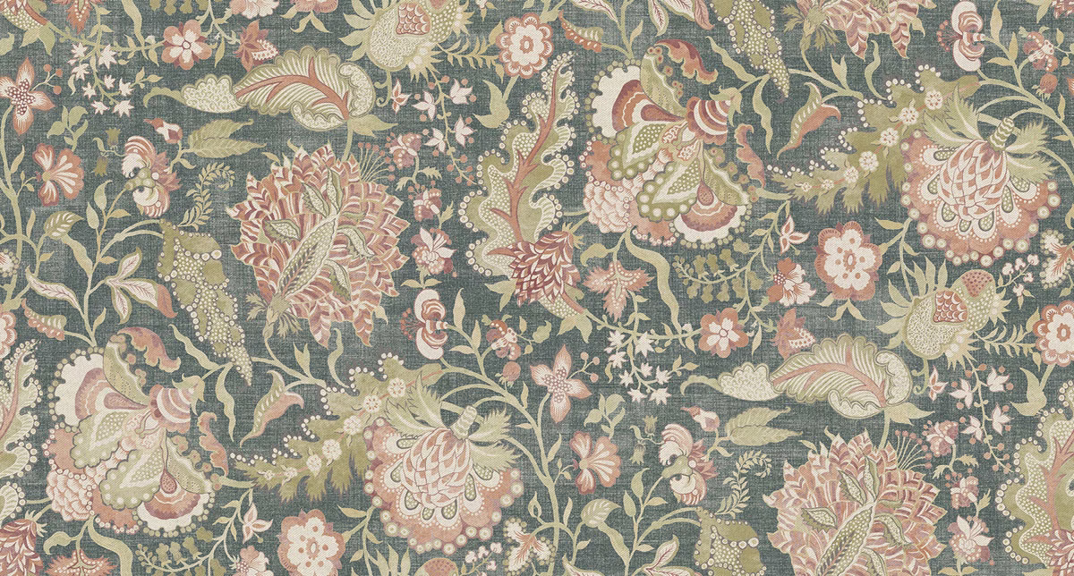 Muted sage floral and paisley textile with dusty rose and terracotta details