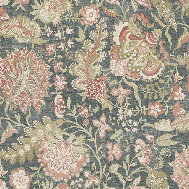 Muted sage floral and paisley textile with dusty rose and terracotta details