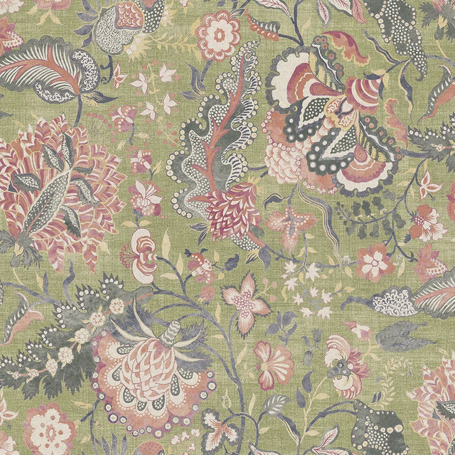Olive-green floral paisley textile with muted pink, cream and sage botanical details