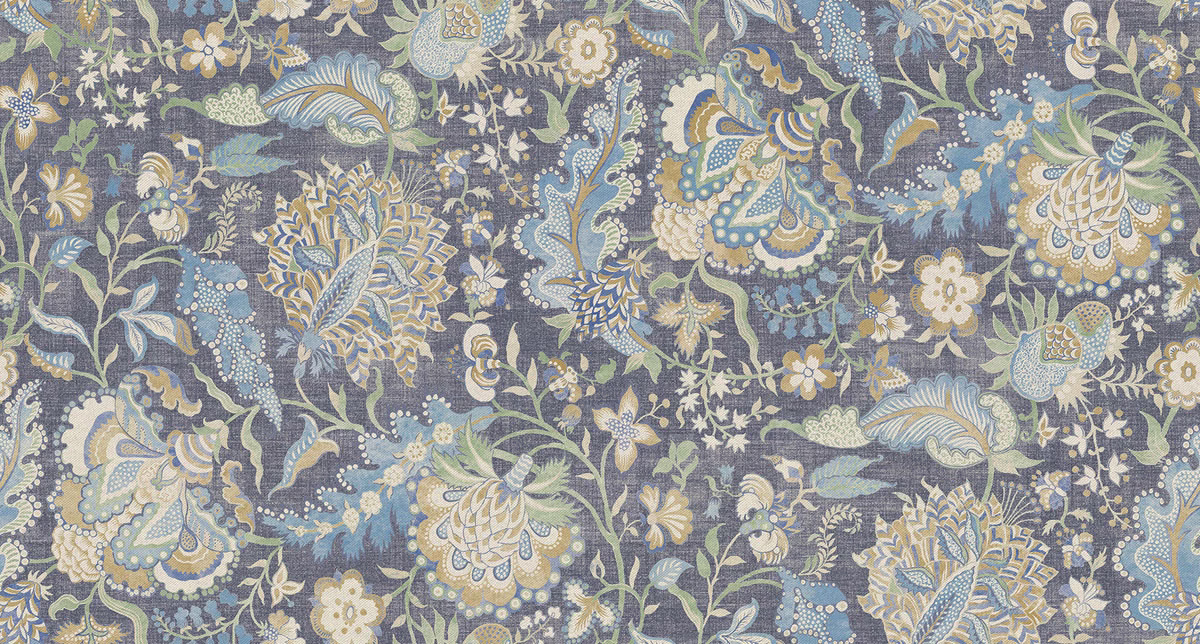 Dense floral and paisley textile in Prussian blue with cream, sage and pale blue details
