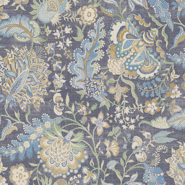 Dense floral and paisley textile in Prussian blue with cream, sage and pale blue details