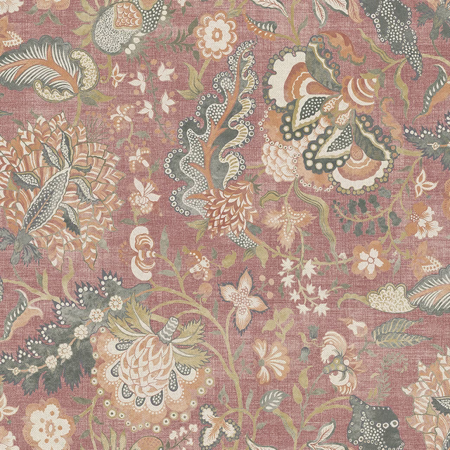 Dusty rose fabric with saffron paisleys, sage leaves, cream flowers and charcoal details