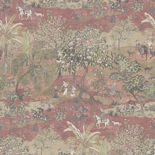 Muted chilli-red scenic fabric with leafy trees, palms, horses and tiny figures