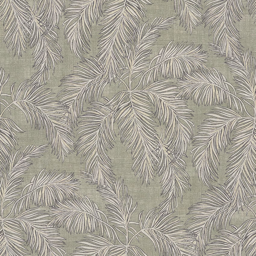 Sage-grey woven fabric with pale feathery palm fronds and fine textured slub