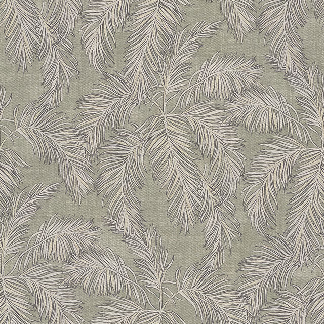 Sage-grey woven fabric with pale feathery palm fronds and fine textured slub