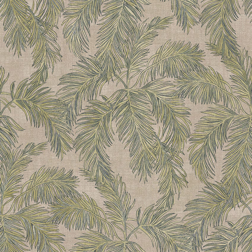 Warm sand woven fabric with muted olive palm fronds and a softly textured ground