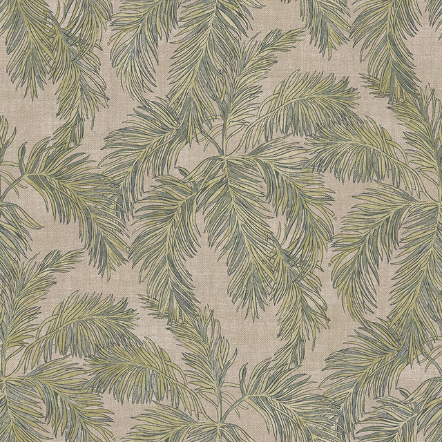 Warm sand woven fabric with muted olive palm fronds and a softly textured ground