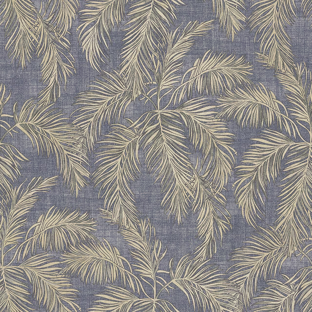 Slate blue woven fabric with pale curling palm fronds in a large botanical pattern