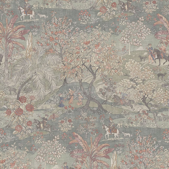Muted sage fabric with detailed palms, blossom branches, riders and pastoral animals
