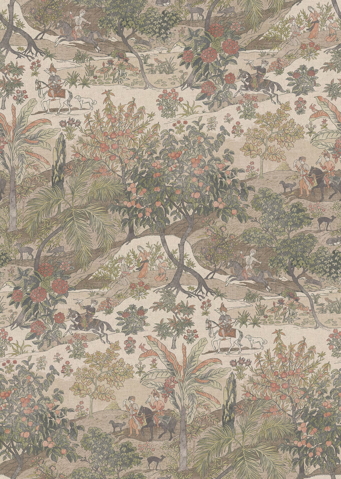 Warm sand ground with muted palms, foliage, riders, horses and scattered animals