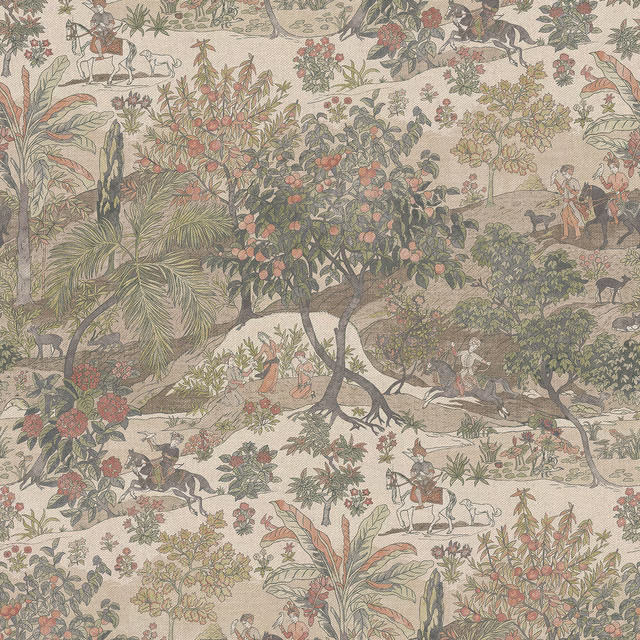 Warm sand ground with muted palms, foliage, riders, horses and scattered animals