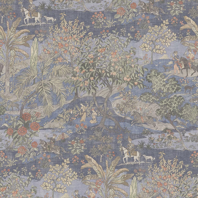 Muted sapphire scenic fabric with palms, riders, foliage and coral accents