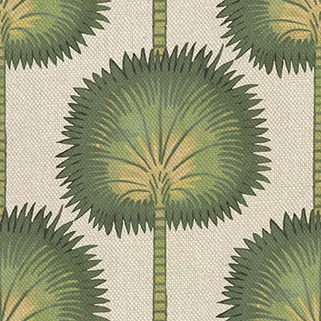 Moss green fan-shaped palm motifs on a textured warm cream fabric ground