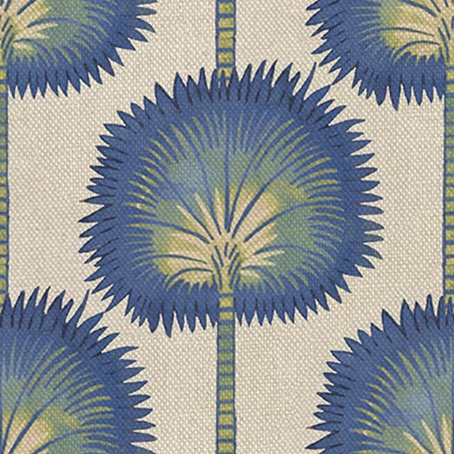 Ultramarine palm medallions with olive fronds on a finely woven ivory ground