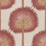 Cream woven fabric with large vermillion botanical fans and narrow vertical stripes